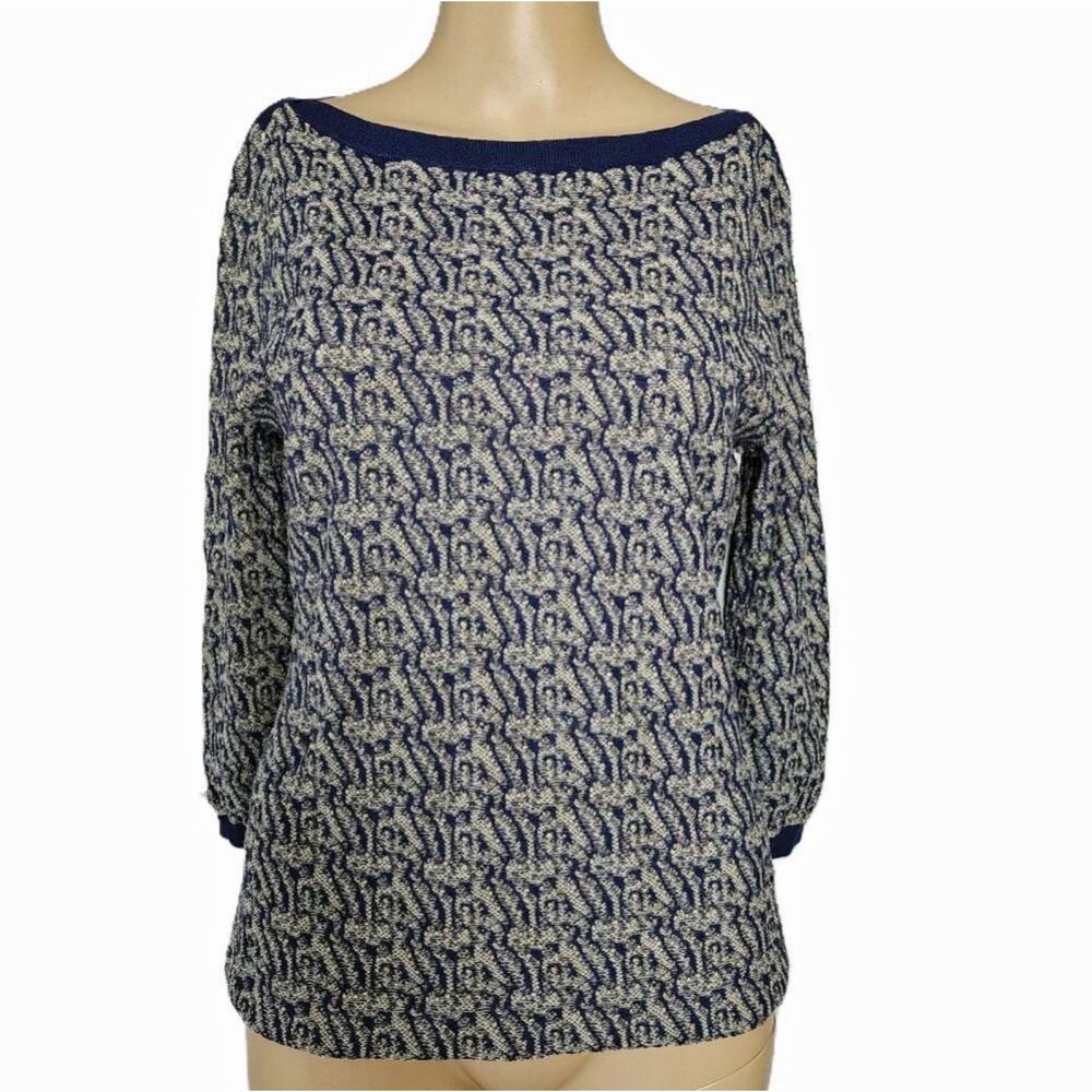 Rare Classiques Entier Navy Tan Jacquard Boatneck Knit Top - Small NWT MSRP $168